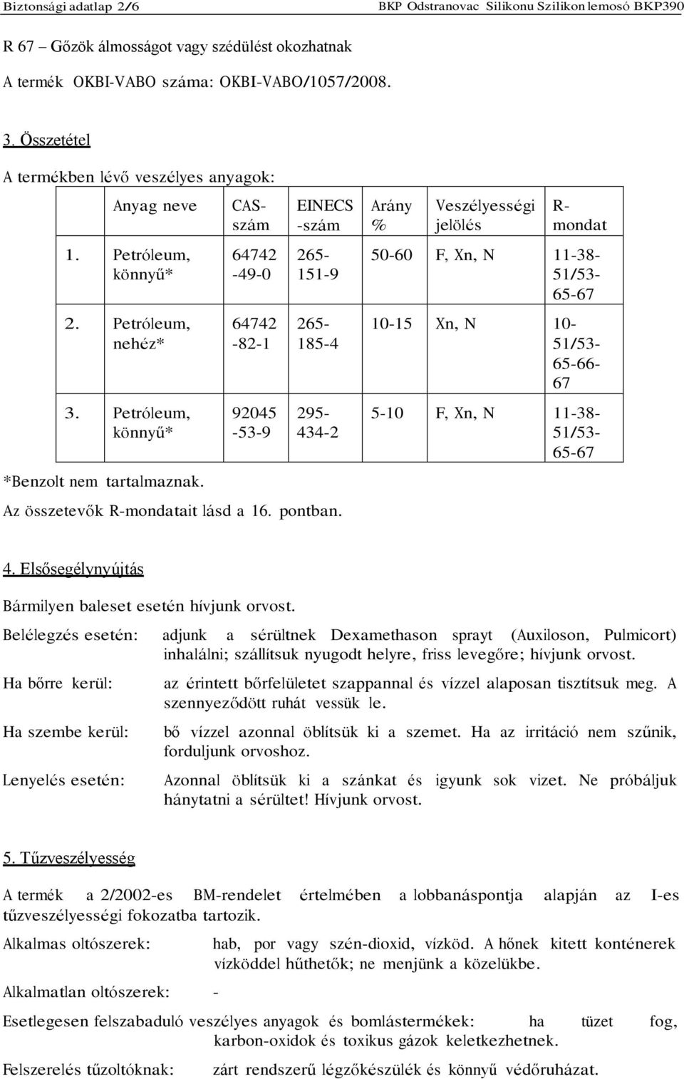 CASszám 64742-49-0 64742-82-1 92045-53-9 EINECS -szám 265-151-9 265-185-4 295-434-2 Az összetevők R-mondatait lásd a 16. pontban.