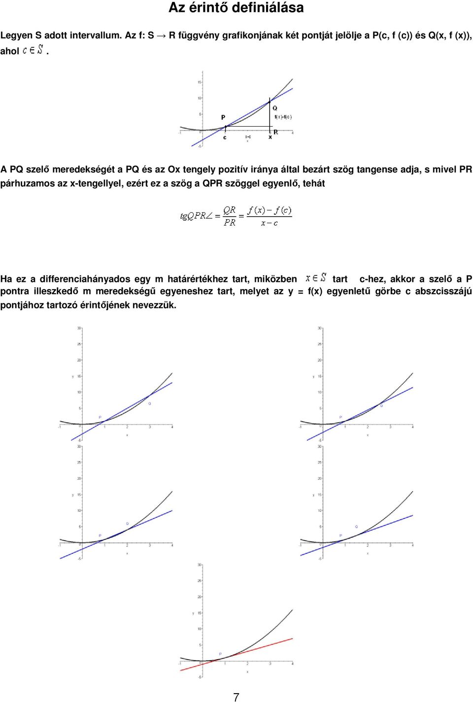 ezért ez a szög a QPR szöggel egyenlő, tehát Ha ez a differenciahányados egy m határértékhez tart, miközben tart c-hez, akkor a szelő a P
