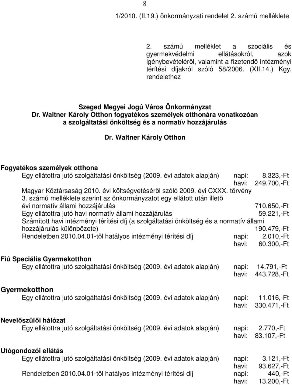 rendelethez Szeged Megyei Jogú Város Önkormányzat Dr. Waltner Károly Otthon fogyatékos személyek otthonára vonatkozóan a szolgáltatási önköltség és a normatív hozzájárulás Dr.