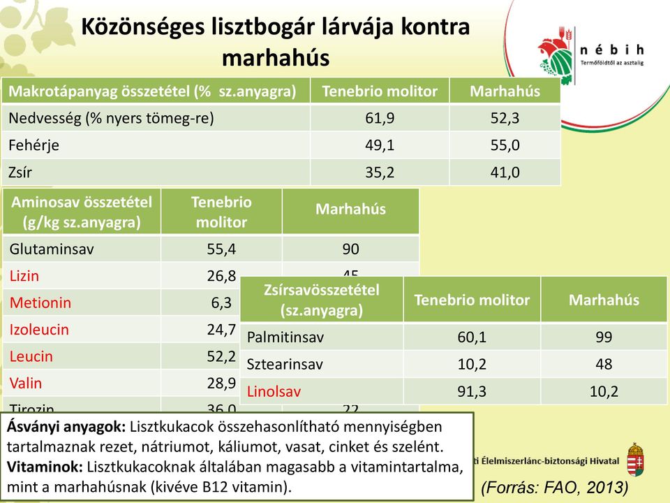 anyagra) Tenebrio molitor Marhahús Glutaminsav 55,4 90 Lizin 26,8 45 Zsírsavösszetétel Metionin 6,3 (sz.