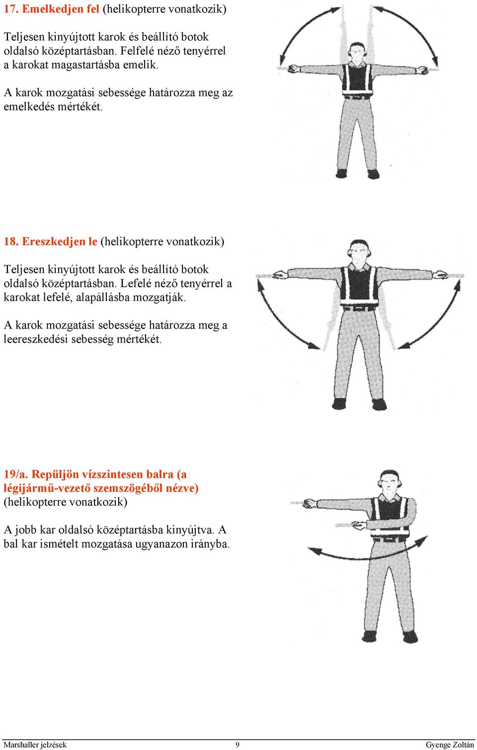 Lefelé néző tenyérrel a karokat lefelé, alapállásba mozgatják. A karok mozgatási sebessége határozza meg a leereszkedési sebesség mértékét. 19/a.