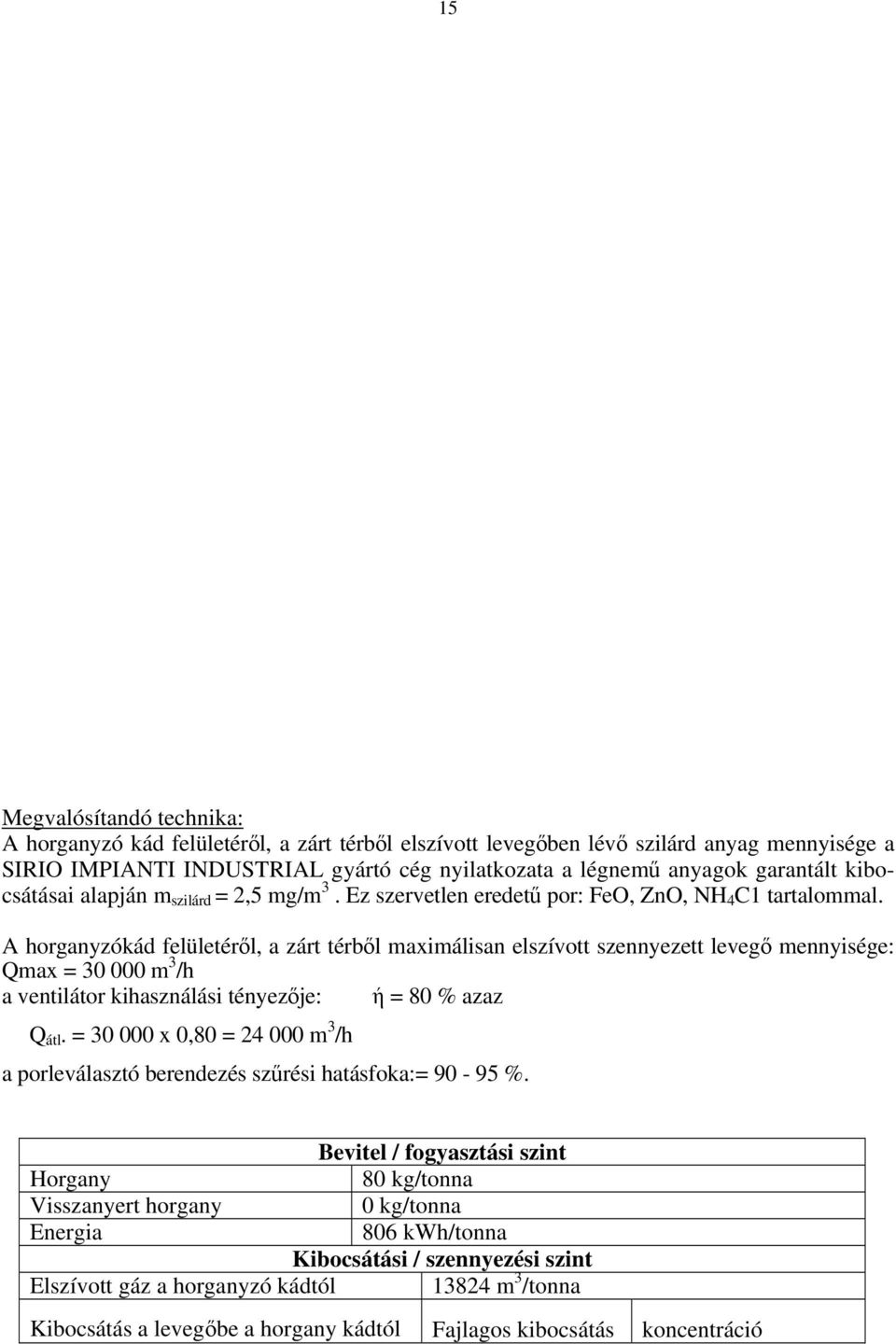 A horganyzókád felületéről, a zárt térből maximálisan elszívott szennyezett levegő mennyisége: Qmax = 30 000 m 3 /h a ventilátor kihasználási tényezője: ή = 80 % azaz Q átl.