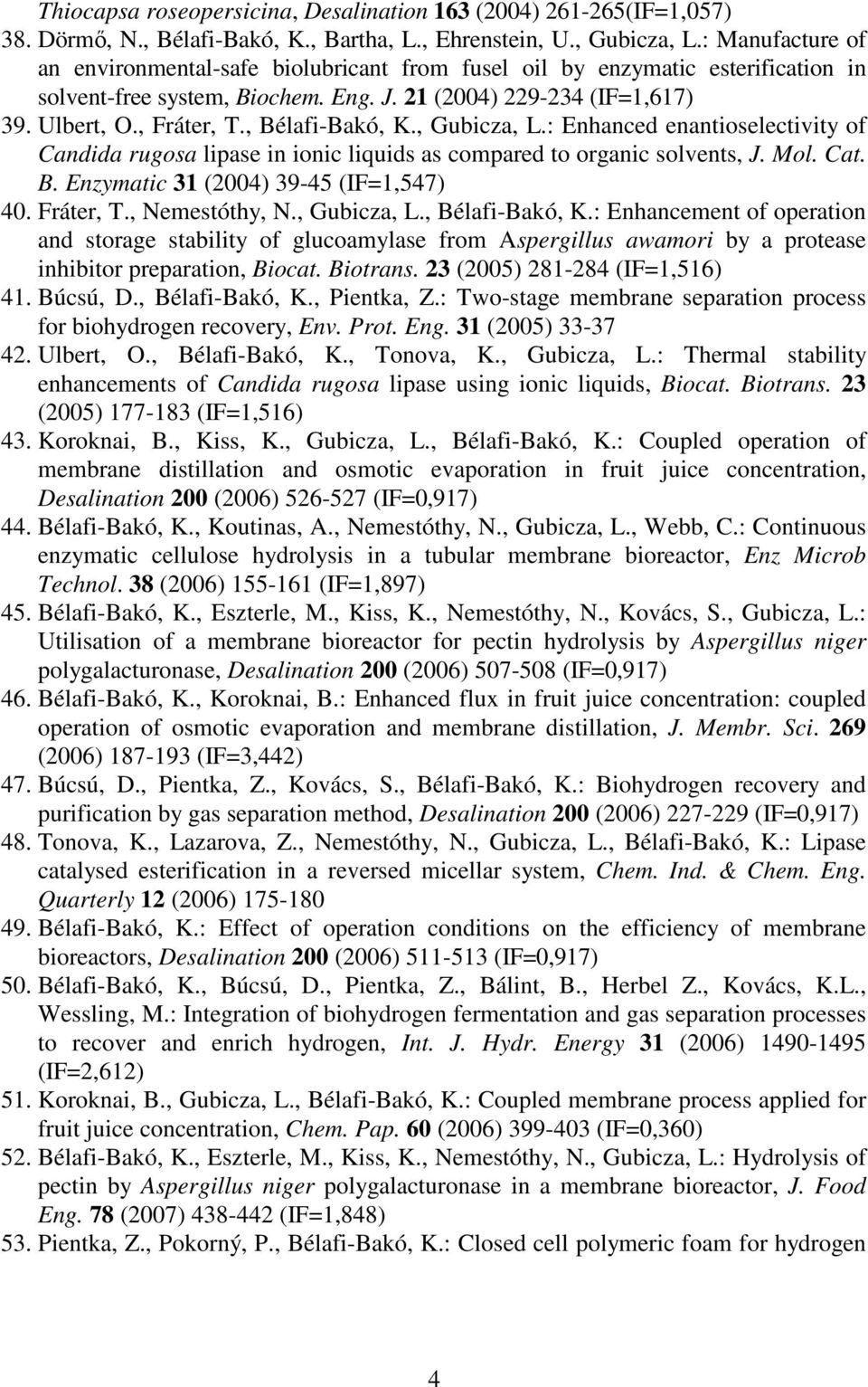 , Bélafi-Bakó, K., Gubicza, L.: Enhanced enantioselectivity of Candida rugosa lipase in ionic liquids as compared to organic solvents, J. Mol. Cat. B. Enzymatic 31 (2004) 39-45 (IF=1,547) 40.