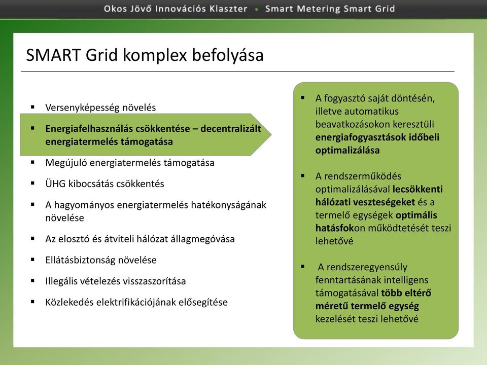 elősegítése A fogyasztó saját döntésén, illetve automatikus beavatkozásokon keresztüli energiafogyasztások időbeli optimalizálása A rendszerműködés optimalizálásával lecsökkenti hálózati