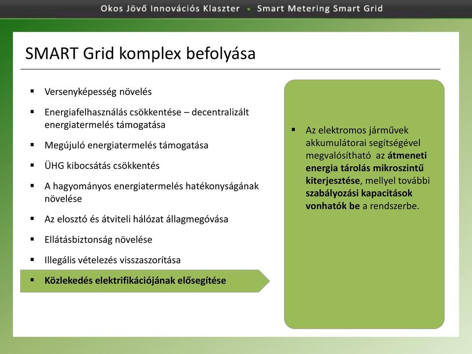 állagmegóvása Az elektromos járművek akkumulátorai segítségével megvalósítható az átmeneti energia tárolás mikroszintű kiterjesztése, mellyel