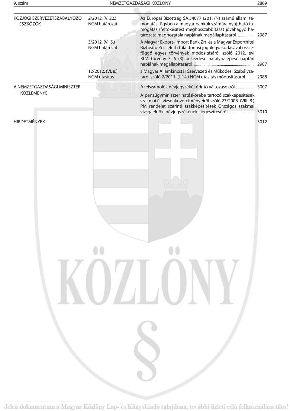 .. 2987 A Magyar Export Import Bank Zrt. és a Magyar Exporthitel Biztosító Zrt. feletti tulajdonosi jogok gyakorlásával összefüggõ egyes törvények módosításáról szóló 2012. évi XLV. törvény 3.