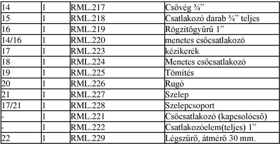 224 Menetes csőcsatlakozó 19 1 RML.225 Tömítés 20 1 RML.226 Rugó 21 1 RML.227 Szelep 17/21 1 RML.