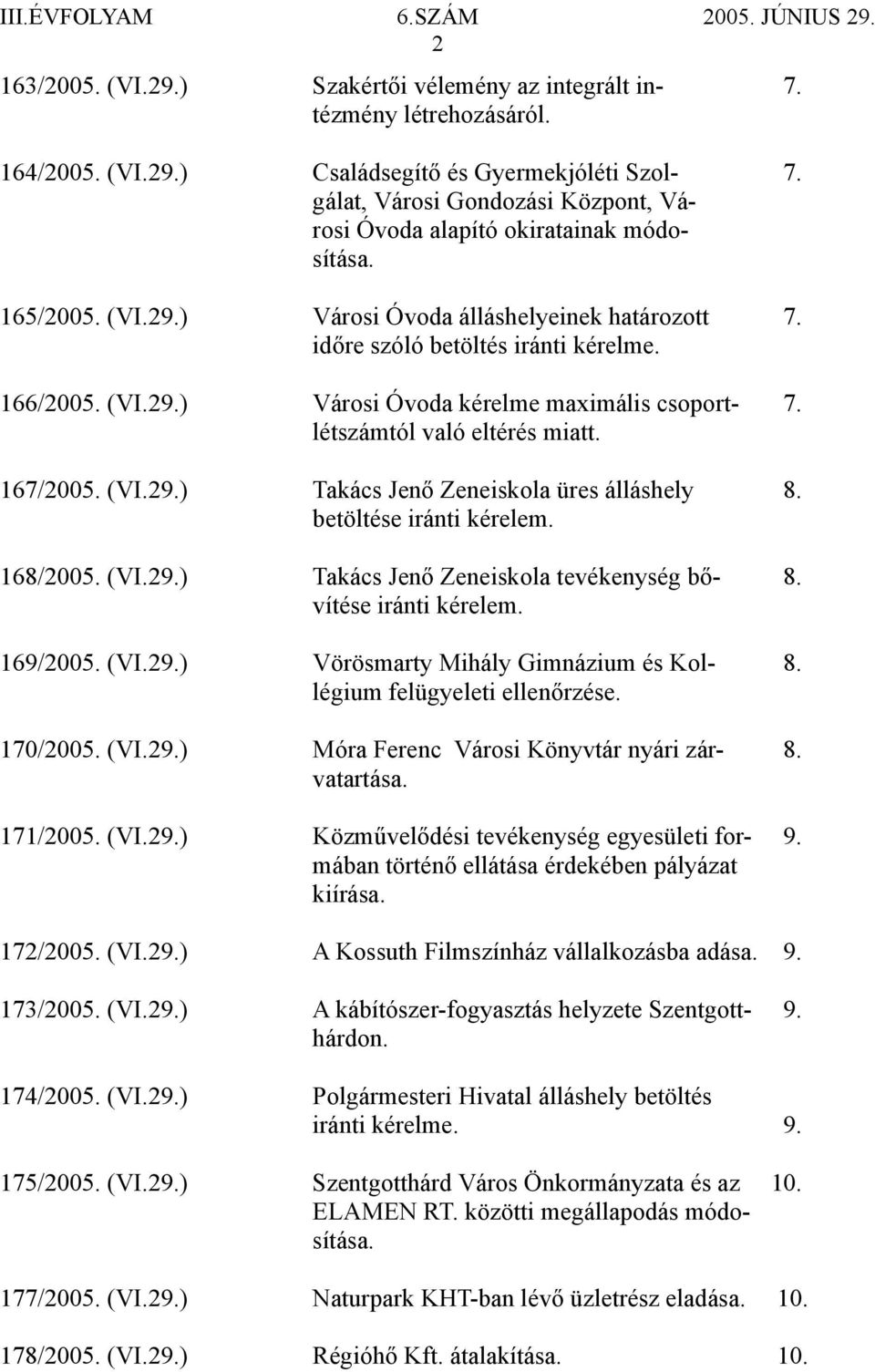 létszámtól való eltérés miatt. 167/2005. (VI.29.) Takács Jenő Zeneiskola üres álláshely 8. betöltése iránti kérelem. 168/2005. (VI.29.) Takács Jenő Zeneiskola tevékenység bő- 8. vítése iránti kérelem.