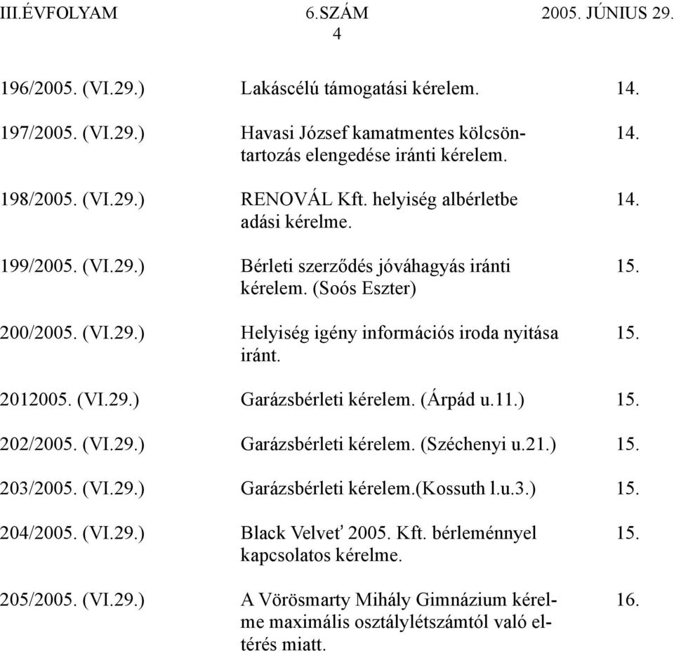 iránt. 2012005. (VI.29.) Garázsbérleti kérelem. (Árpád u.11.) 15. 202/2005. (VI.29.) Garázsbérleti kérelem. (Széchenyi u.21.) 15. 203/2005. (VI.29.) Garázsbérleti kérelem.(kossuth l.u.3.) 15. 204/2005.