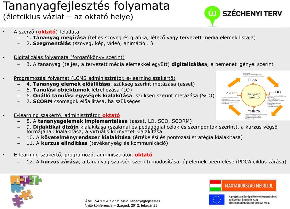 A tananyag (teljes, a tervezett média elemekkel együtt) digitalizálása, a bemenet igényei szerint Programozási folyamat (LCMS adminisztrátor, e-learning szakértő) 4.