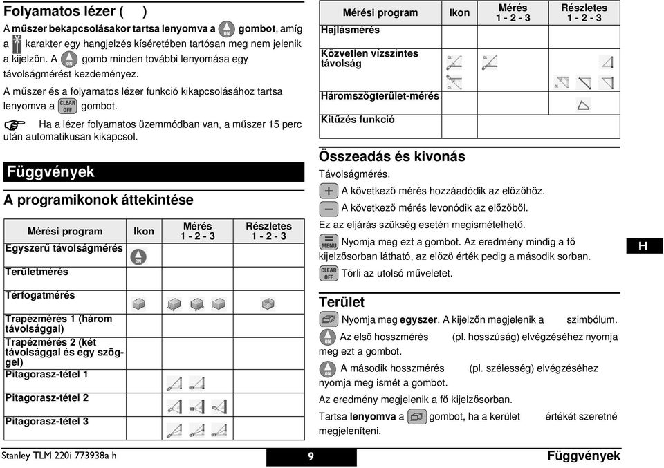 a a lézer folyamatos üzemmódban van, a műszer 15 perc után automatikusan kikapcsol.