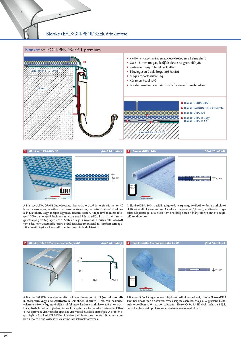 vízelvezetô 3 3 Blanke DIBA 00 Blanke DIBA 5 vagy Blanke DIBA 5 SK Lejtesztrich (,5 - %) Blanke ULTRA-DRAIN (lásd 5. oldal) 3 Blanke DIBA 00 (lásd 50.