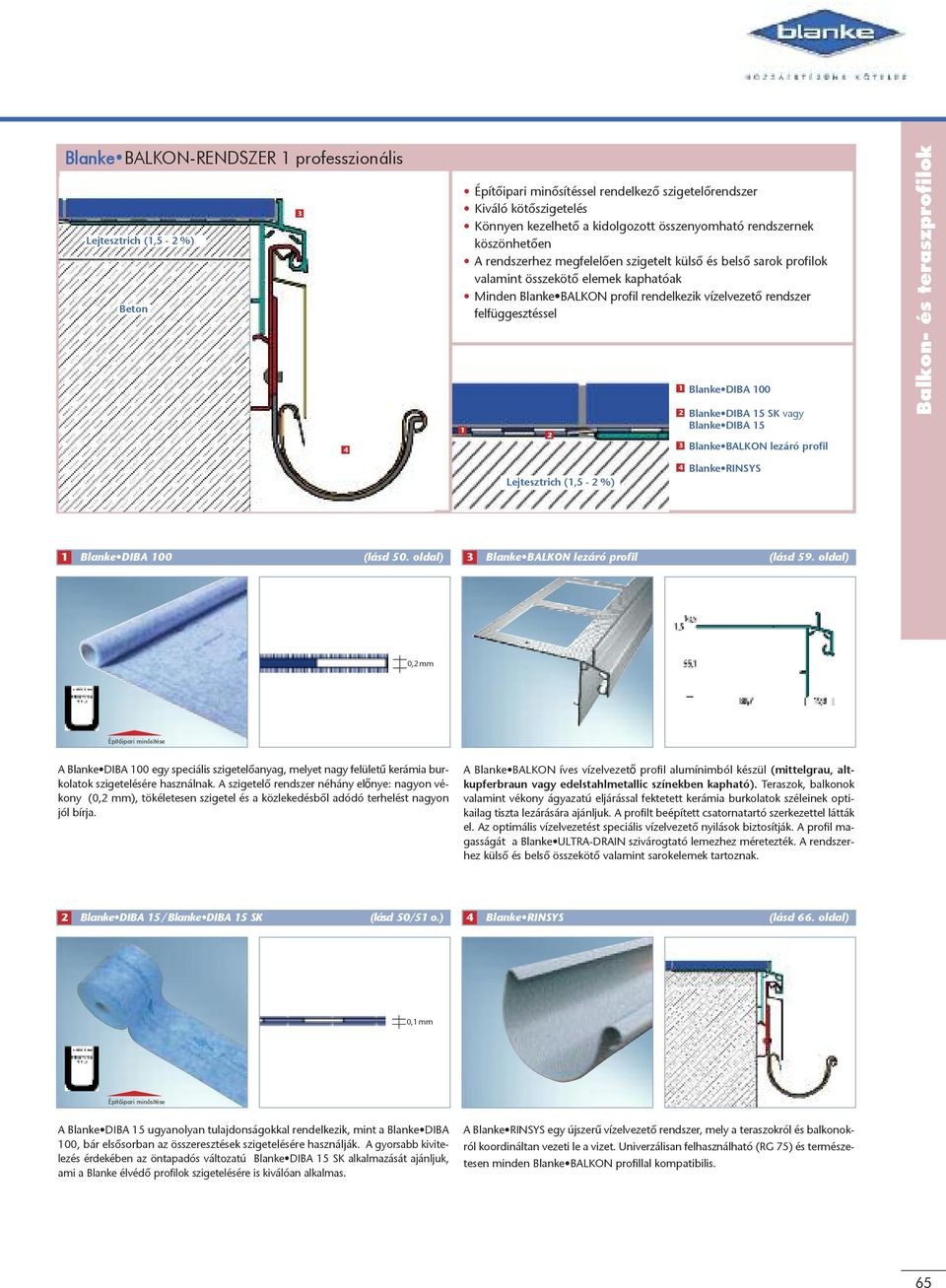 felfüggesztéssel Blanke DIBA 00 Blanke DIBA 5 SK vagy Blanke DIBA 5 3 Blanke BALKON lezáró profil Balkon- és teraszprofilok Lejtesztrich (,5 - %) Blanke RINSYS Blanke DIBA 00 (lásd 50.