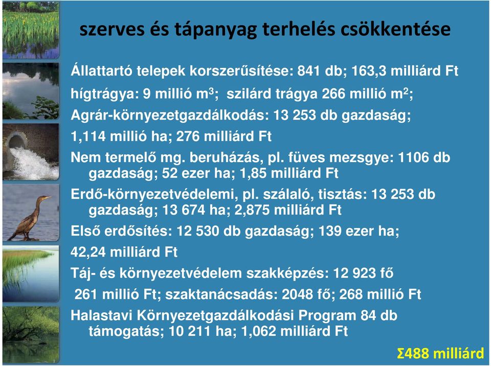füves mezsgye: 1106 db gazdaság; 52 ezer ha; 1,85 milliárd Ft Erdő-környezetvédelemi, pl.