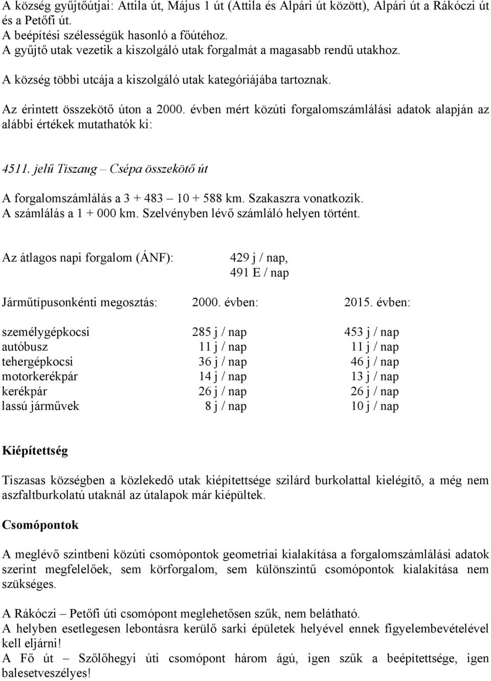 évben mért közúti forgalomszámlálási adatok alapján az alábbi értékek mutathatók ki: 4511. jelű Tiszaug Csépa összekötő út A forgalomszámlálás a 3 + 483 10 + 588 km. Szakaszra vonatkozik.