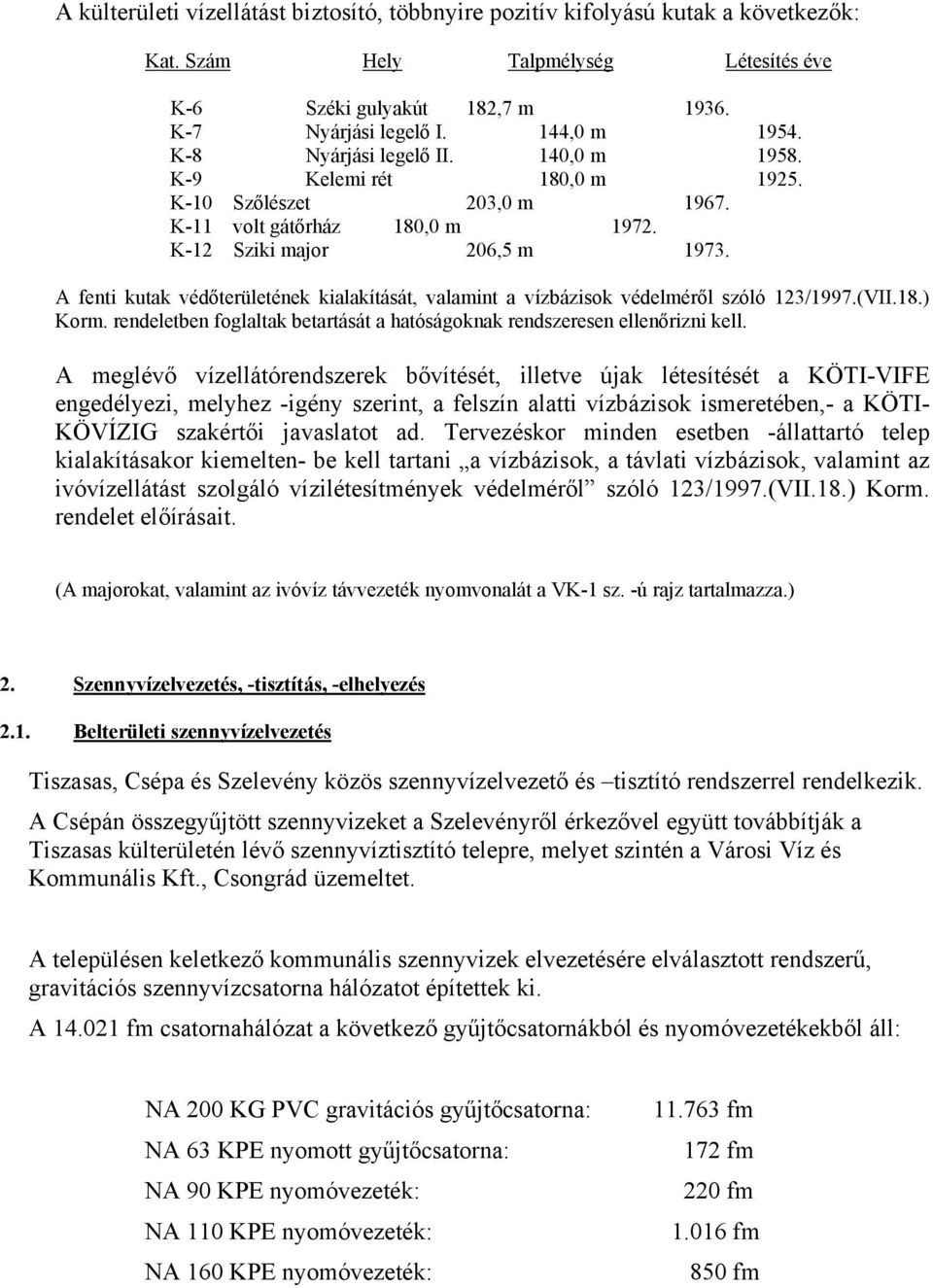 A fenti kutak védőterületének kialakítását, valamint a vízbázisok védelméről szóló 123/1997.(VII.18.) Korm. rendeletben foglaltak betartását a hatóságoknak rendszeresen ellenőrizni kell.