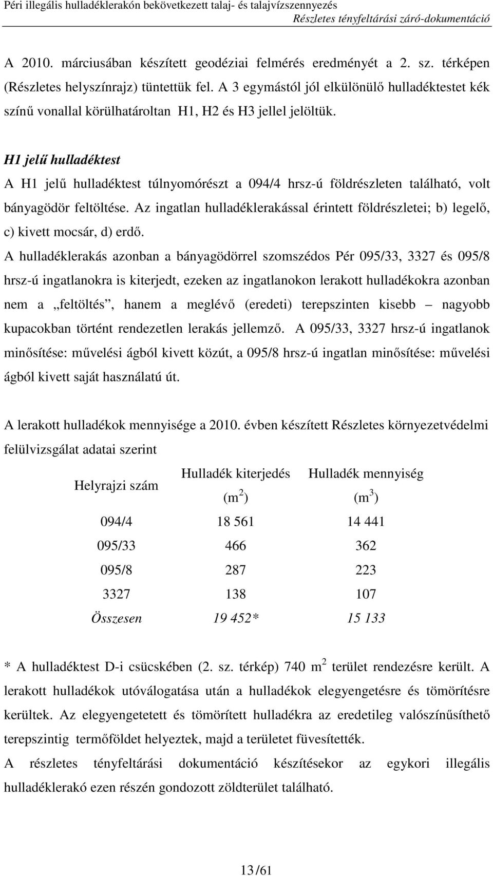 H1 jelű hulladéktest A H1 jelű hulladéktest túlnyomórészt a 094/4 hrsz-ú földrészleten található, volt bányagödör feltöltése.