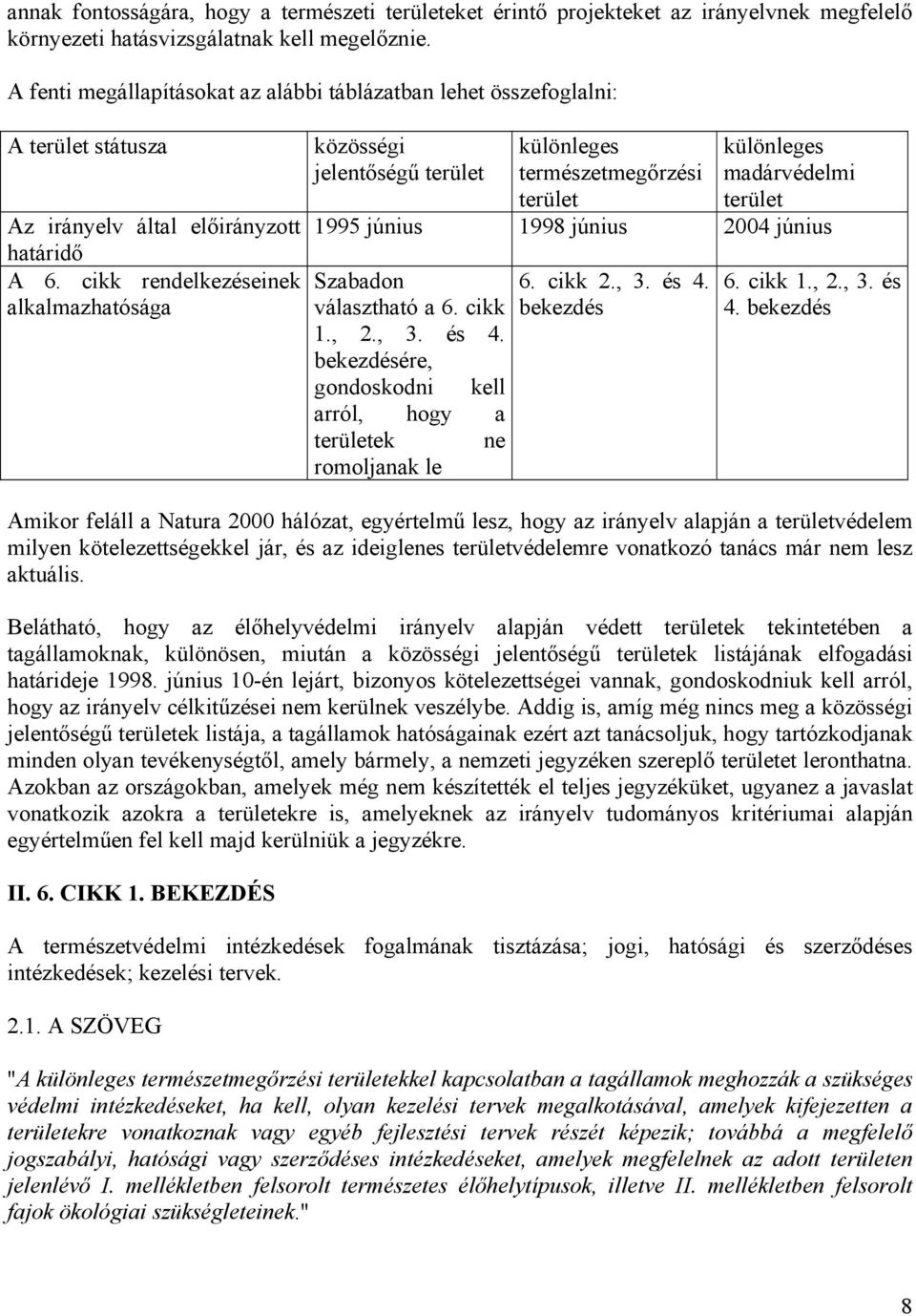 cikk rendelkezéseinek alkalmazhatósága közösségi jelentőségű terület különleges természetmegőrzési terület különleges madárvédelmi terület 1995 június 1998 június 2004 június Szabadon választható a 6.