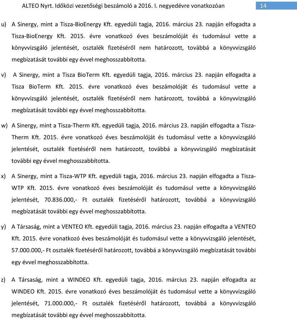 v) A Sinergy, mint a Tisza BioTerm Kft. egyedüli tagja, 2016. március 23. napján elfogadta a Tisza BioTerm Kft. 2015.  w) A Sinergy, mint a Tisza-Therm Kft. egyedüli tagja, 2016. március 23. napján elfogadta a Tisza- Therm Kft.