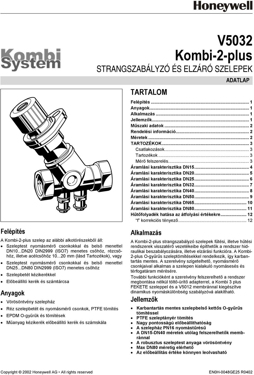 .. 7 Áramlási karakterisztika DN40... 8 Áramlási karakterisztika DN50... 9 Áramlási karakterisztika DN65... 10 Áramlási karakterisztika DN80... 11 Hűtőfolyadék hatása az átfolyási értékekre.