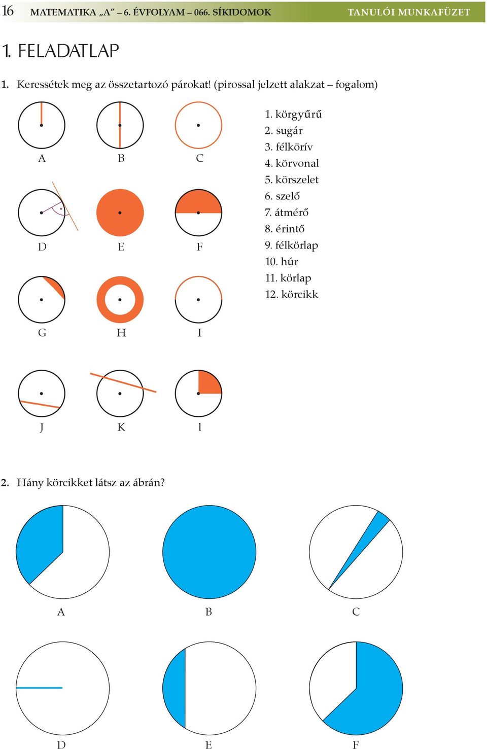 körgyűrű 2. sugár 3. félkörív 4. körvonal 5. körszelet 6. szelő 7. átmérő 8. érintő 9.