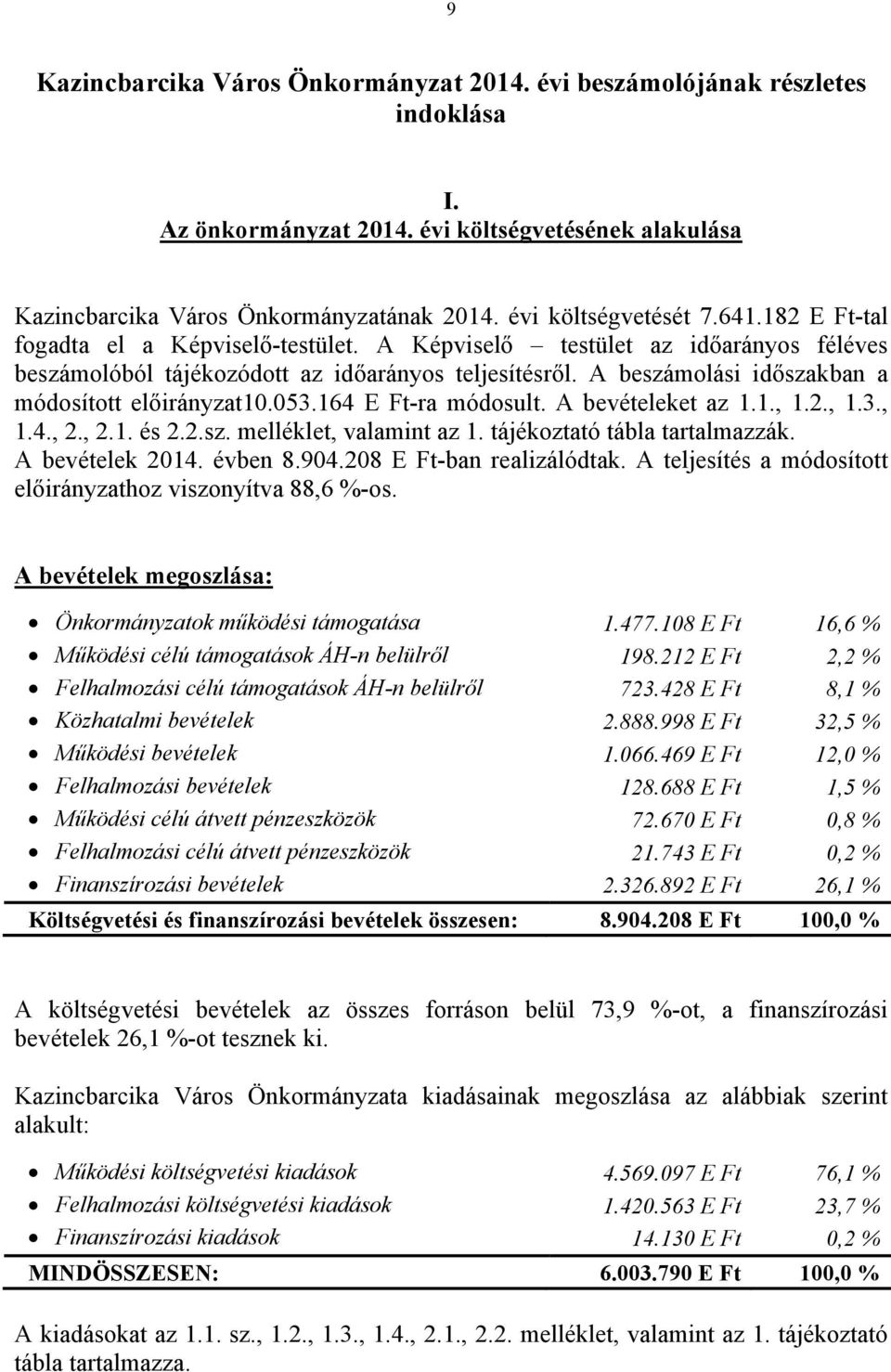 053.164 E Ft-ra módosult. A bevételeket az 1.1., 1.2., 1.3., 1.4., 2., 2.1. és 2.2.sz. melléklet, valamint az 1. tájékoztató tábla tartalmazzák. A bevételek 2014. évben 8.904.