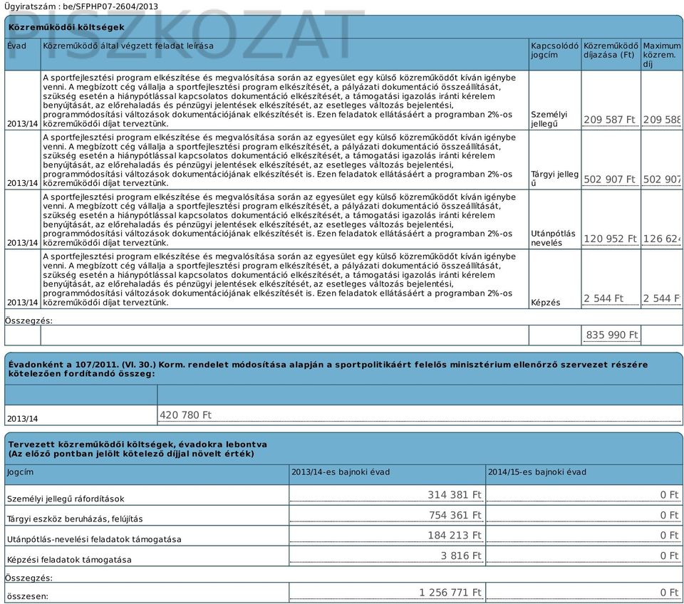 A megbízott cég vállalja a sportfejlesztési program elkészítését, a pályázati dokumentáció összeállítását, szükség esetén a hiánypótlással kapcsolatos dokumentáció elkészítését, a támogatási igazolás