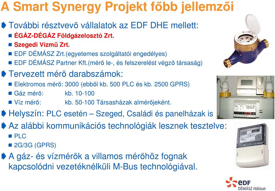 (mérő le-, és felszerelést végző társaság) Tervezett mérő darabszámok: Elektromos mérő: 3000 (ebből kb. 500 PLC és kb. 2500 GPRS) Gáz mérő: kb.