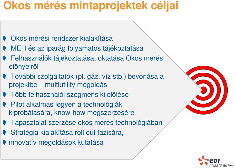 ) bevonása a projektbe multiutility megoldás Több felhasználói szegmens kijelölése Pilot alkalmas legyen a technológiák