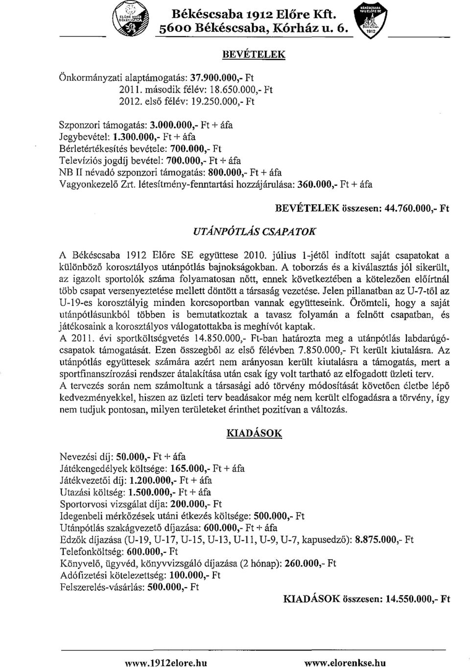 letesitmeny-fenntartasi hozzajarulasa: 360.000,- Ft + <!fa UTANpOTLAs CSAPATOK BEVETELEK osszesen: 44.760.000,- Ft A Bekescsaba 1912 Elore SE egyilttese 2010.