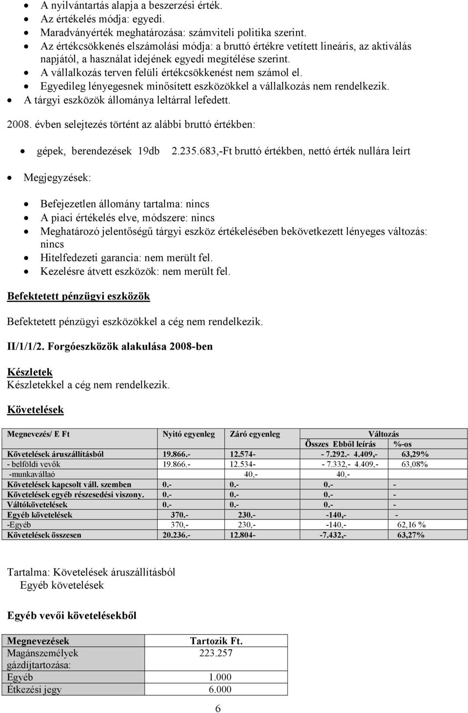 A vállalkozás terven felüli értékcsökkenést nem számol el. Egyedileg lényegesnek minősített eszközökkel a vállalkozás nem rendelkezik. A tárgyi eszközök állománya leltárral lefedett. 2008.