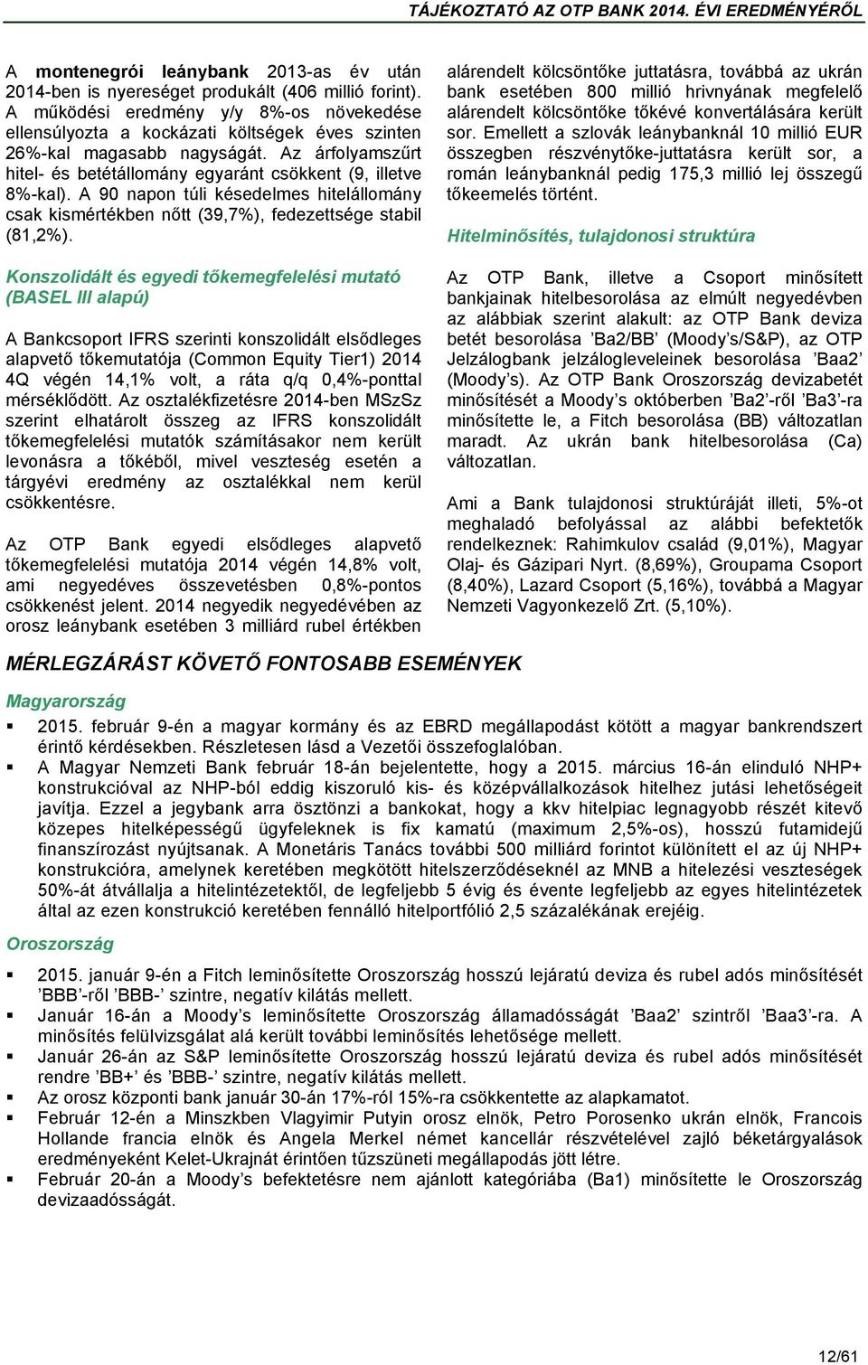 A 90 napon túli késedelmes hitelállomány csak kismértékben nőtt (39,7%), fedezettsége stabil (81,2%).