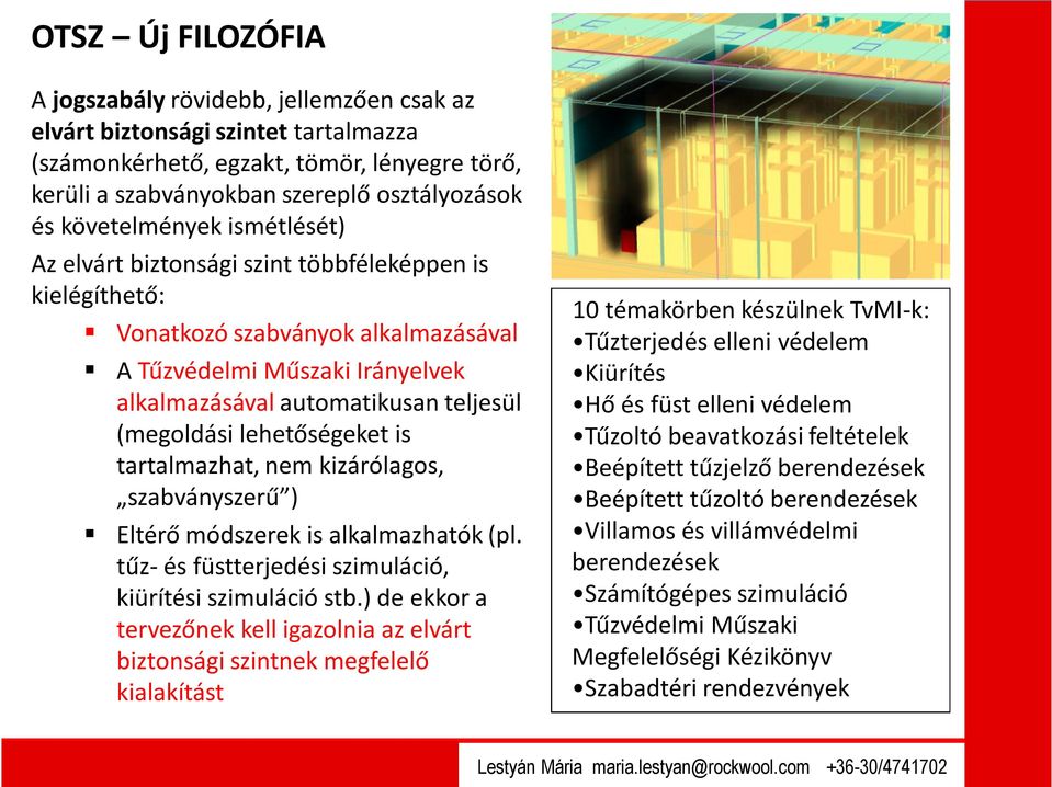 (megoldási lehetőségeket is tartalmazhat, nem kizárólagos, szabványszerű ) Eltérő módszerek is alkalmazhatók (pl. tűz- és füstterjedési szimuláció, kiürítési szimuláció stb.