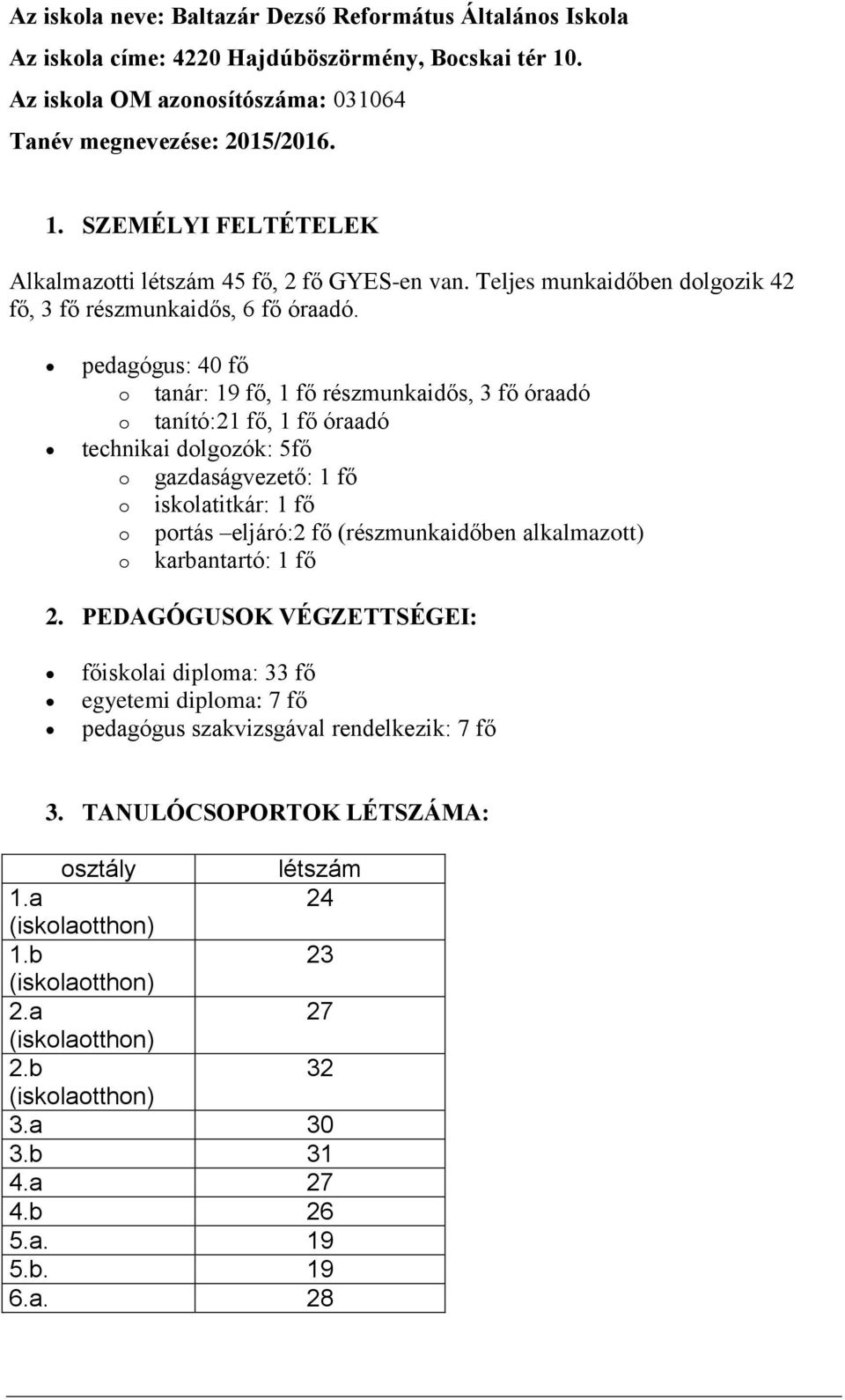 pedagógus: 40 fő o tanár: 19 fő, 1 fő részmunkaidős, 3 fő óraadó o tanító:21 fő, 1 fő óraadó technikai dolgozók: 5fő o gazdaságvezető: 1 fő o iskolatitkár: 1 fő o portás eljáró:2 fő