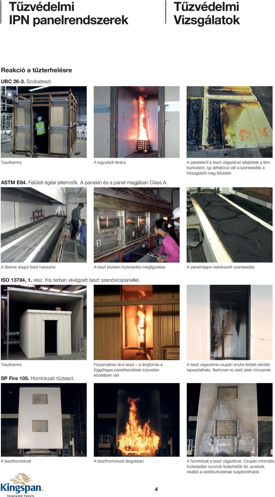 A panelen és a panel magjában Class A. A Steiner alagút teszt helyszíne A teszt közbeni tűzterjedés megfigyelése A panelmagon keletkezett szenesedés ISO 13784, 1. rész.