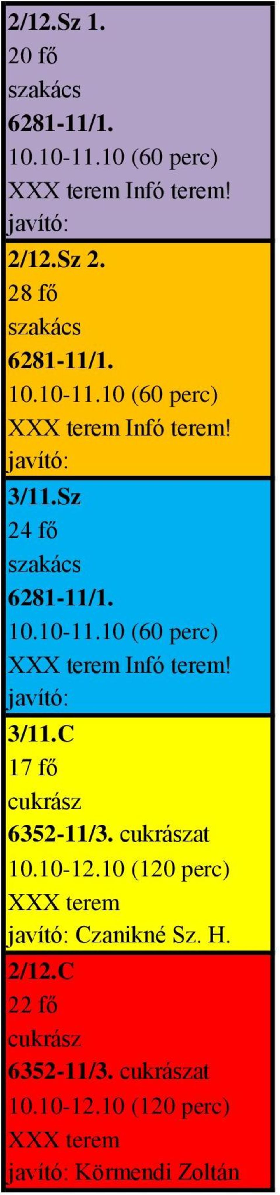 cukrászat 10.10-12.10 (120 perc) javító: Czanikné Sz. H. 2/12.C 22 fő cukrász 6352-11/3.