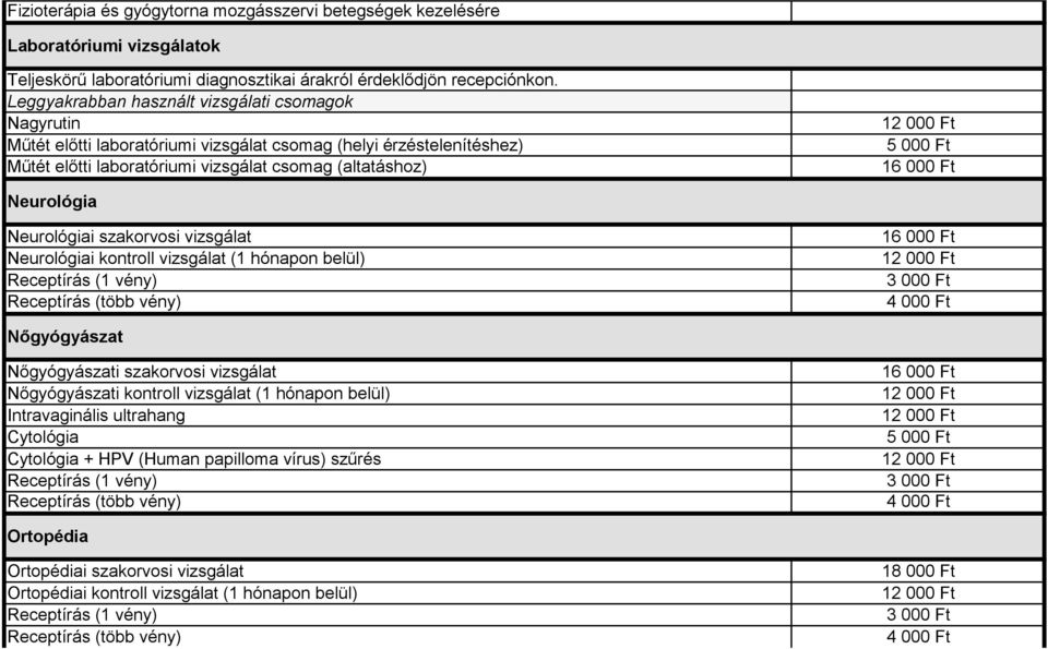5 000 Ft Neurológia Neurológiai szakorvosi vizsgálat Neurológiai kontroll vizsgálat (1 hónapon belül) Nőgyógyászat Nőgyógyászati szakorvosi vizsgálat Nőgyógyászati kontroll