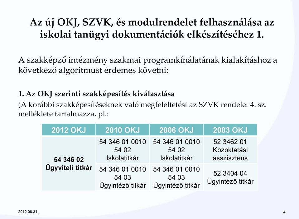 Az OKJ szerinti szakképesítés kiválasztása (A korábbi szakképesítéseknek való megfeleltetést az SZVK rendelet 4. sz. melléklete tartalmazza, pl.