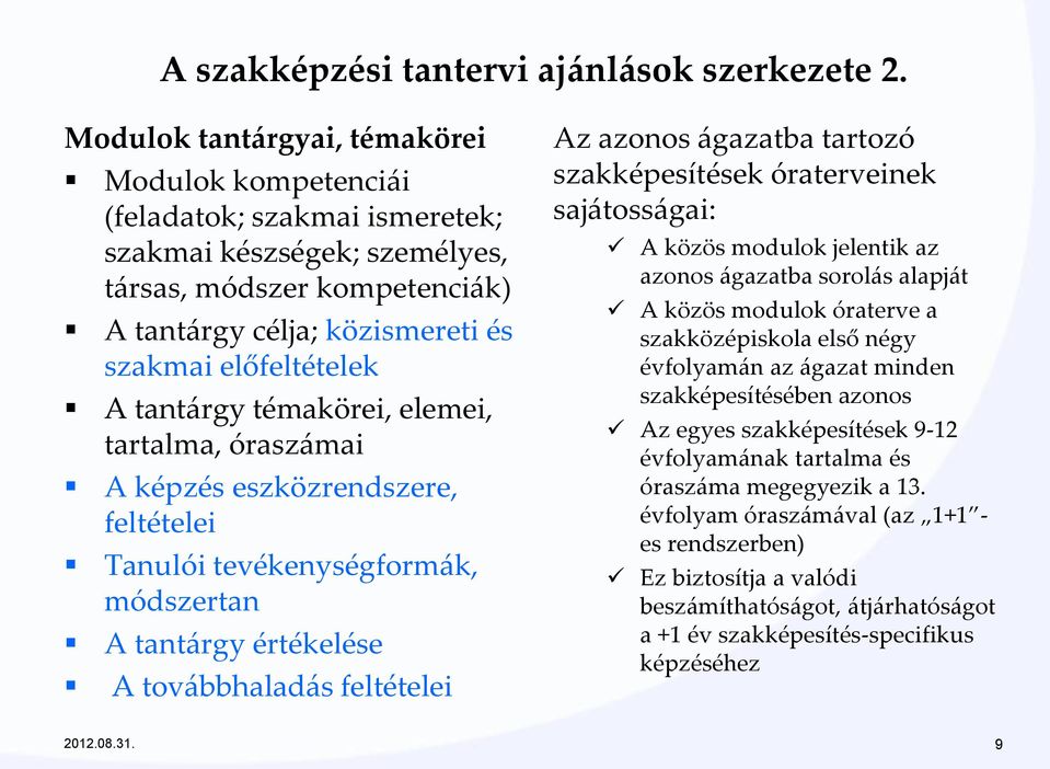 tantárgy témakörei, elemei, tartalma, óraszámai A képzés eszközrendszere, feltételei Tanulói tevékenységformák, módszertan A tantárgy értékelése A továbbhaladás feltételei Az azonos ágazatba tartozó