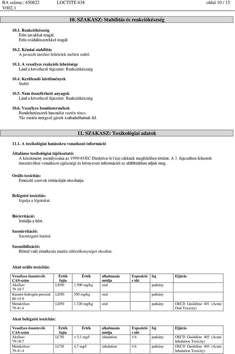 Tűz esetén mérgező gázok szabadulhatnak fel. 10. SZAKASZ: Stabilitás és reakciókészség 11.1. A toxikológiai ra vonatkozó információ 11.