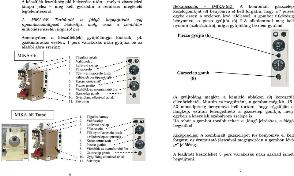 gázkimaradás esetén, 1 perc várakozás után gyújtsa be az alábbi ábra szerint: MIKA-6E: MIKA-6E Turbó: 1. Tágulási tartály 2. Váltószelep 3. Lefúvató szelep 4. Főkapcsoló 5.