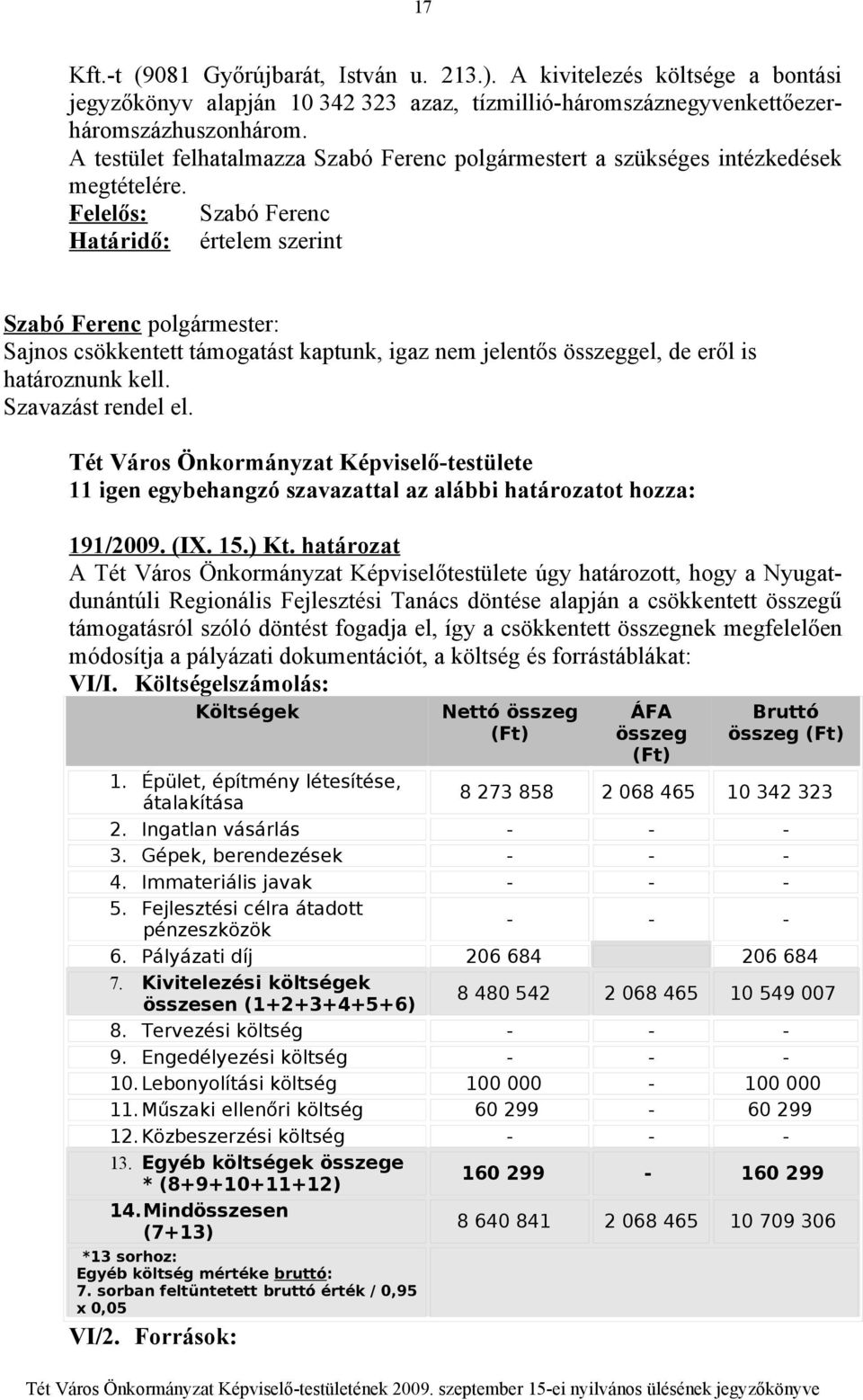 Határidő: értelem szerint Sajnos csökkentett támogatást kaptunk, igaz nem jelentős összeggel, de eről is határoznunk kell. Szavazást rendel el. 191/2009. (IX. 15.) Kt.