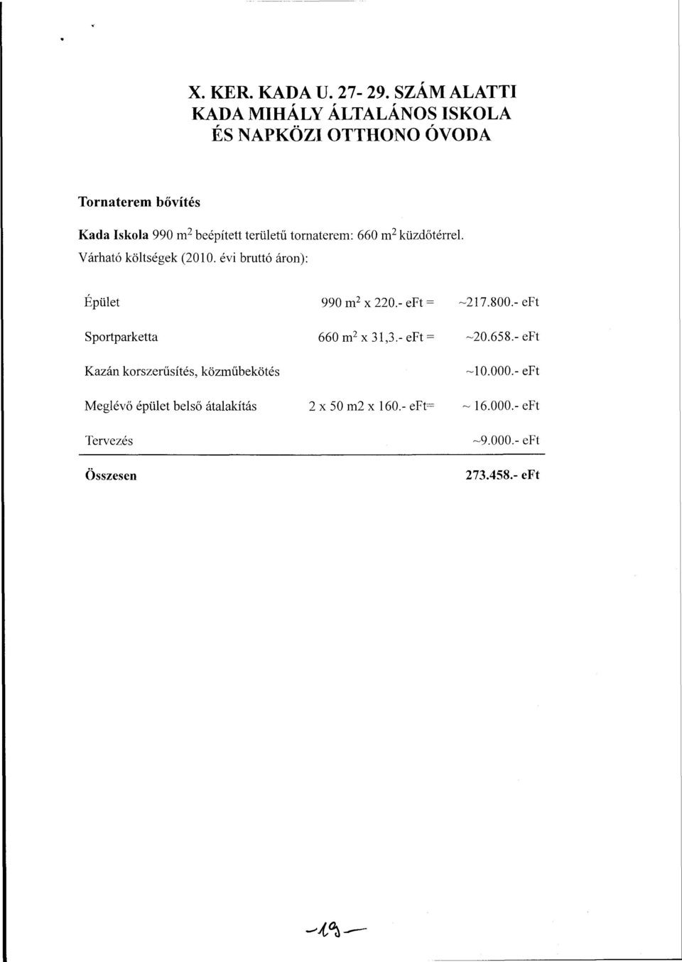 területű tornaterem: 660 m 2 küzdőtérrel. Várható költségek (2010. évi bruttó áron): Épület 990 m 2 x 220.- eft = -217.