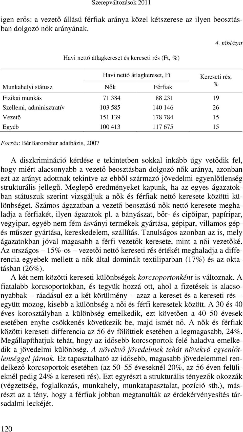 117 675 15 Forrás: BérBarométer adatbázis, 2007 A diszkrimináció kérdése e tekintetben sokkal inkább úgy vetıdik fel, hogy miért alacsonyabb a vezetı beosztásban dolgozó nık aránya, azonban ezt az