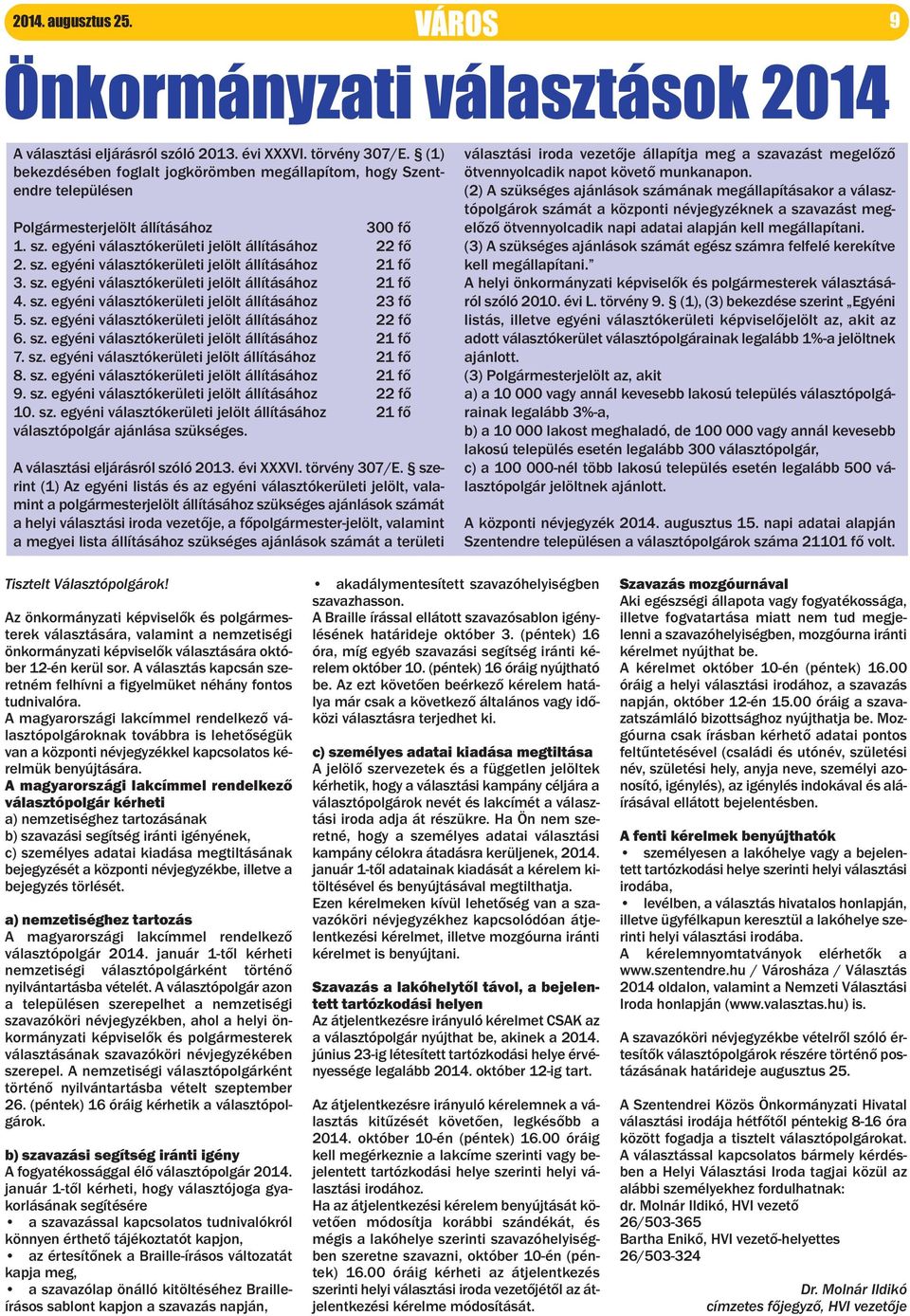 sz. egyéni választókerületi jelölt állításához 21 fő 4. sz. egyéni választókerületi jelölt állításához 23 fő 5. sz. egyéni választókerületi jelölt állításához 22 fő 6. sz. egyéni választókerületi jelölt állításához 21 fő 7.