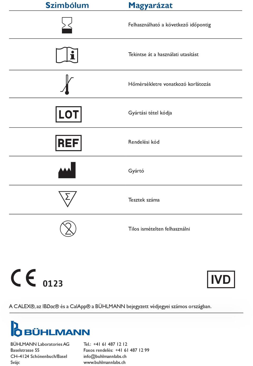 C 0123 V A CALEX, az IBDoc és a CalApp a BÜHLMANN bejegyzett védjegyei számos országban. BÜHLMANN Laboratories AG Tel.