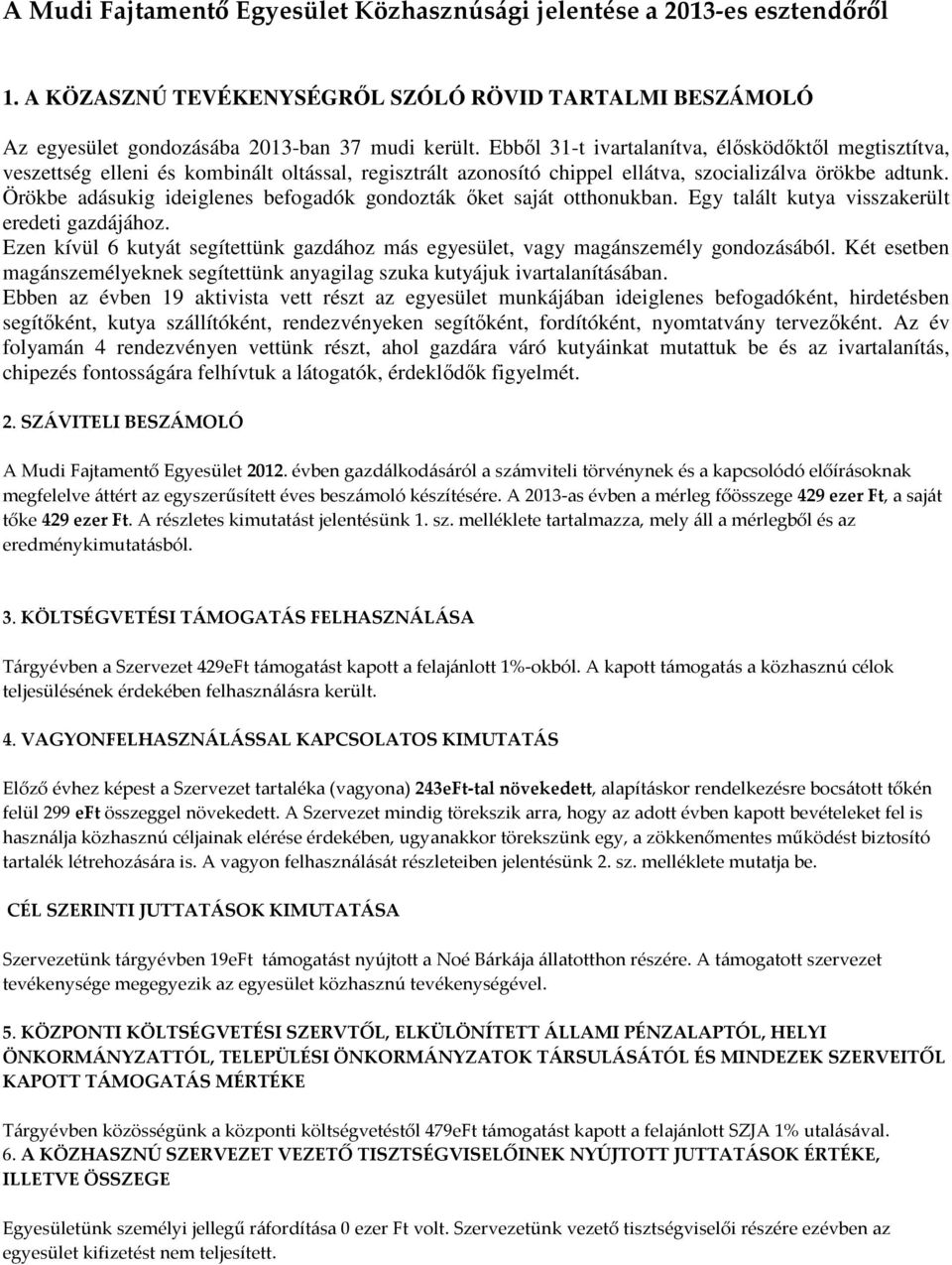 Örökbe adásukig ideiglenes befogadók gondozták őket saját otthonukban. Egy talált kutya visszakerült eredeti gazdájához.