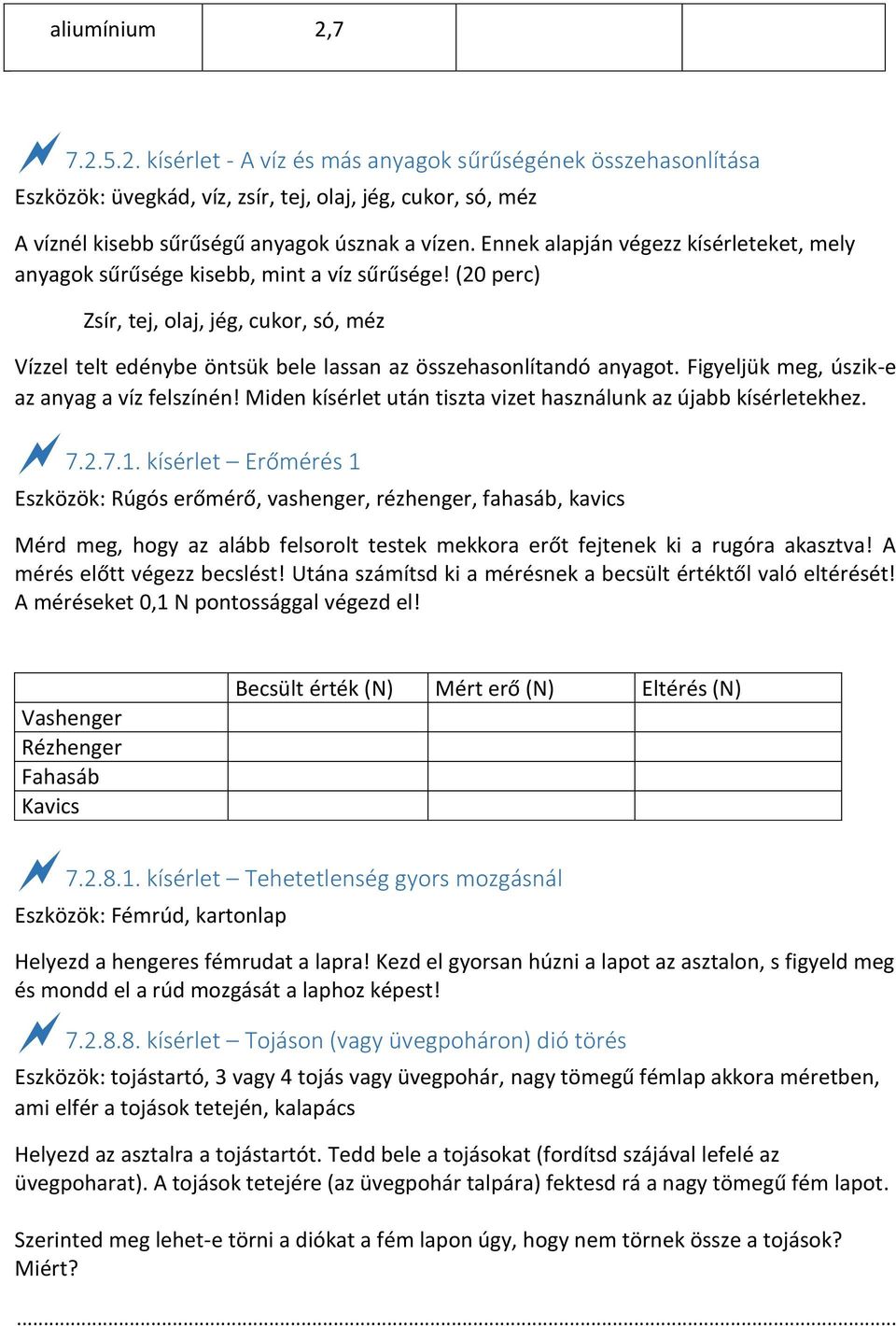 (20 perc) Zsír, tej, olaj, jég, cukor, só, méz Vízzel telt edénybe öntsük bele lassan az összehasonlítandó anyagot. Figyeljük meg, úszik-e az anyag a víz felszínén!