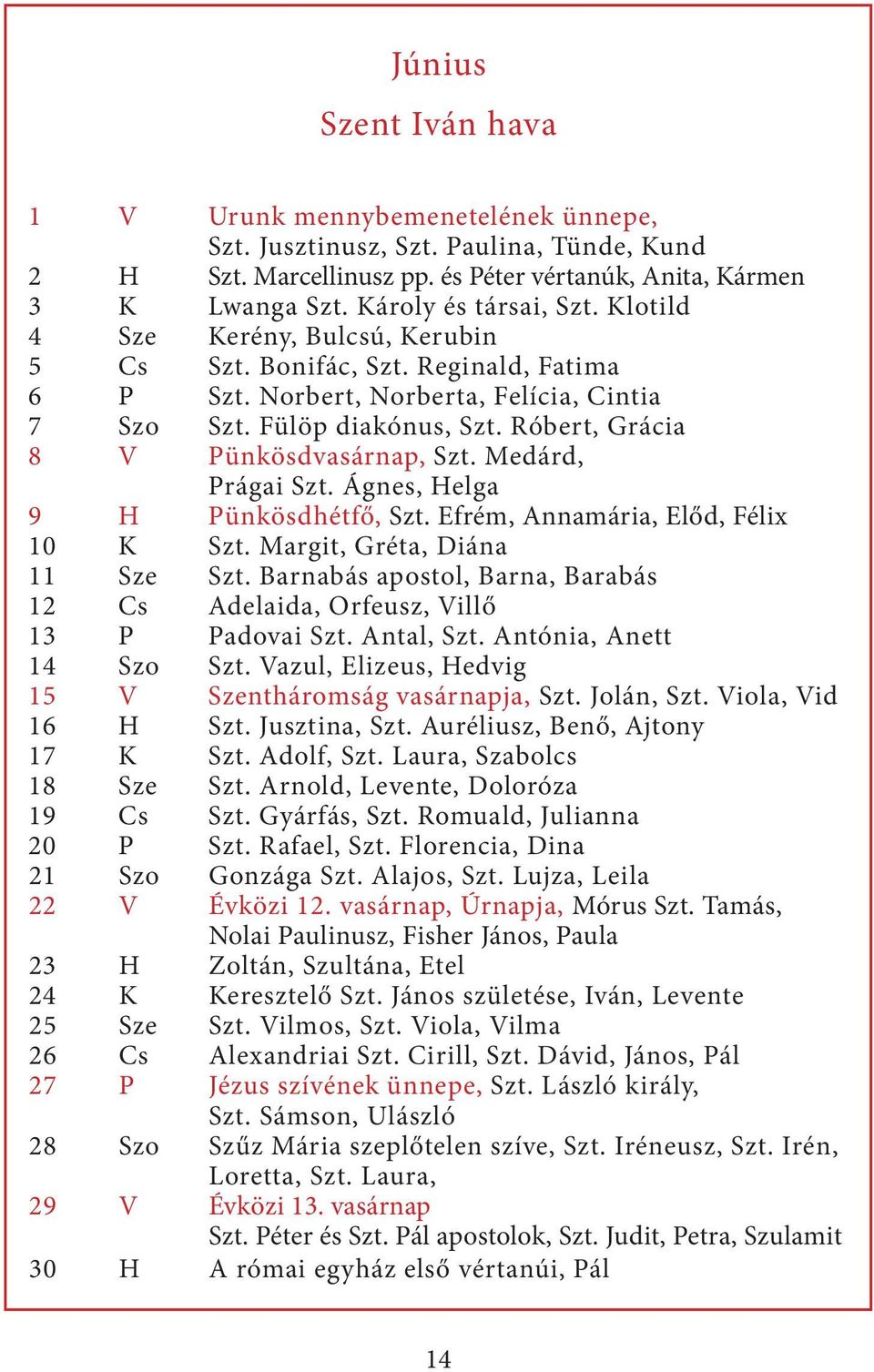 Medárd, Prágai Szt. Ágnes, Helga 9 H Pünkösdhétfő, Szt. Efrém, Annamária, Előd, Félix 10 K Szt. Margit, Gréta, Diána 11 Sze Szt.