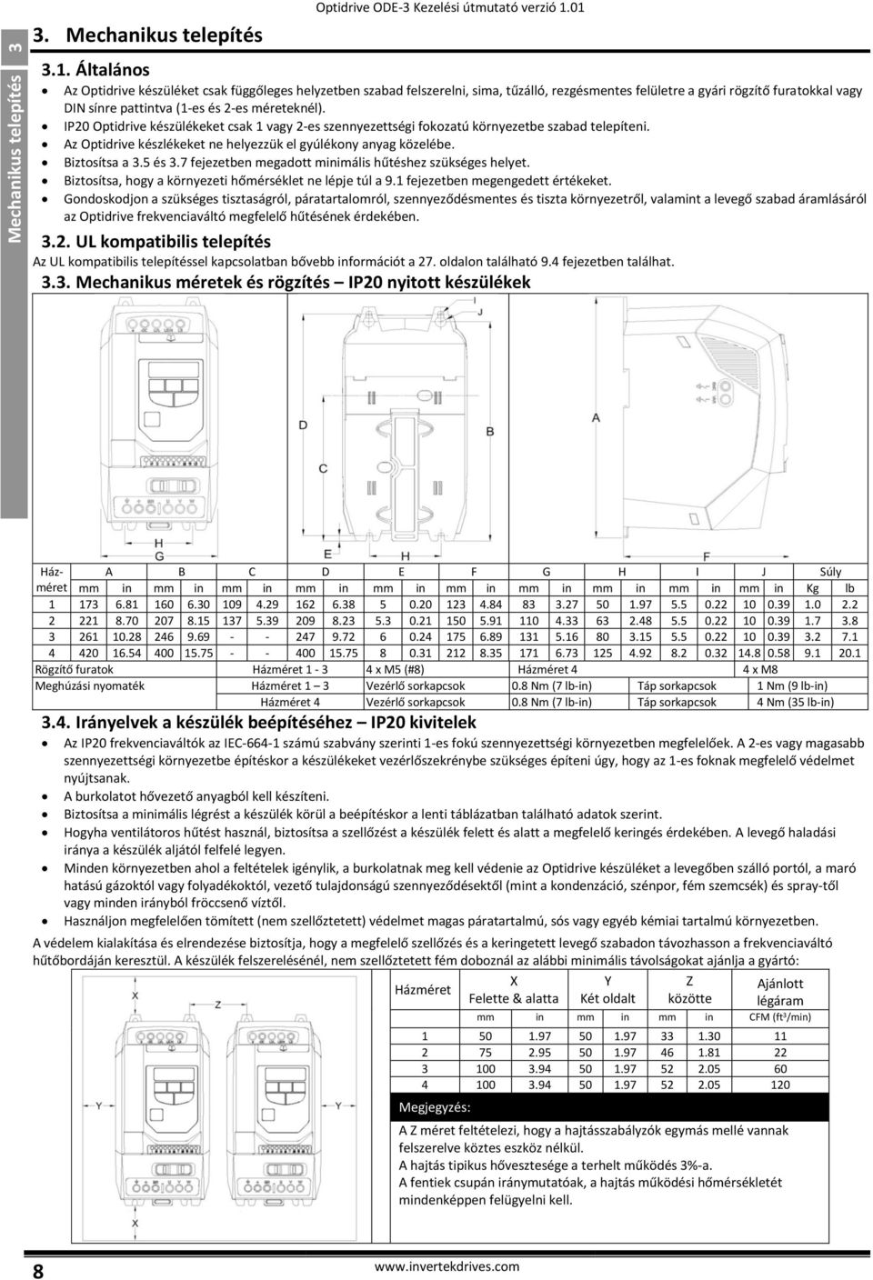 IP20 Optidrive készülékeket csak 1 vagy 2-es szennyezettségi fokozatú környezetbe szabad telepíteni. Az Optidrive készlékeket ne helyezzük el gyúlékony anyag közelébe. Biztosítsa a 3.5 és 3.